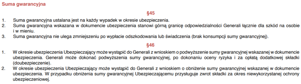 Oto zapisu z OWU dotyczące sumy gwarancyjnej OC w życiu prywatnym