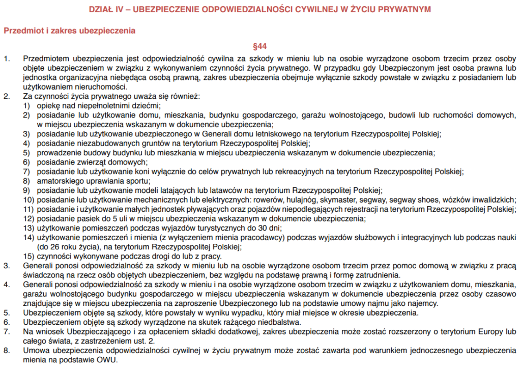 Przedmiot i zakres ubezpieczenia OC w życiu prywatnym z Generali zamieszczony w OWU